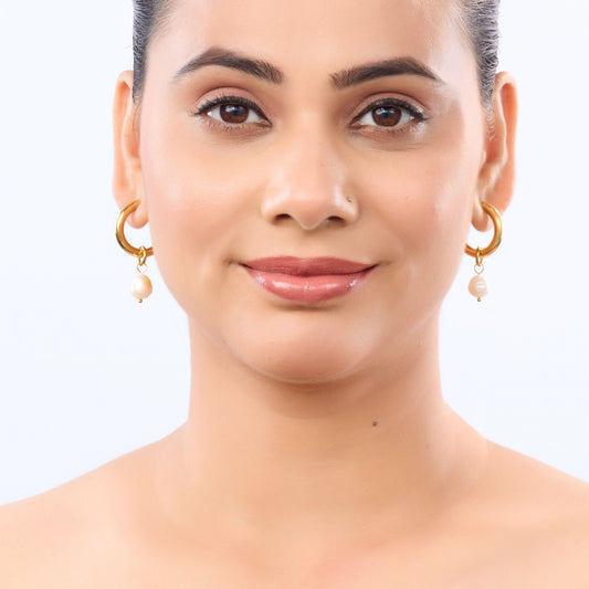 Edge Baroque Pearl Drop Hoop Earrings – gold hoop with baroque pearl charm, 4.2cm statement earrings-3