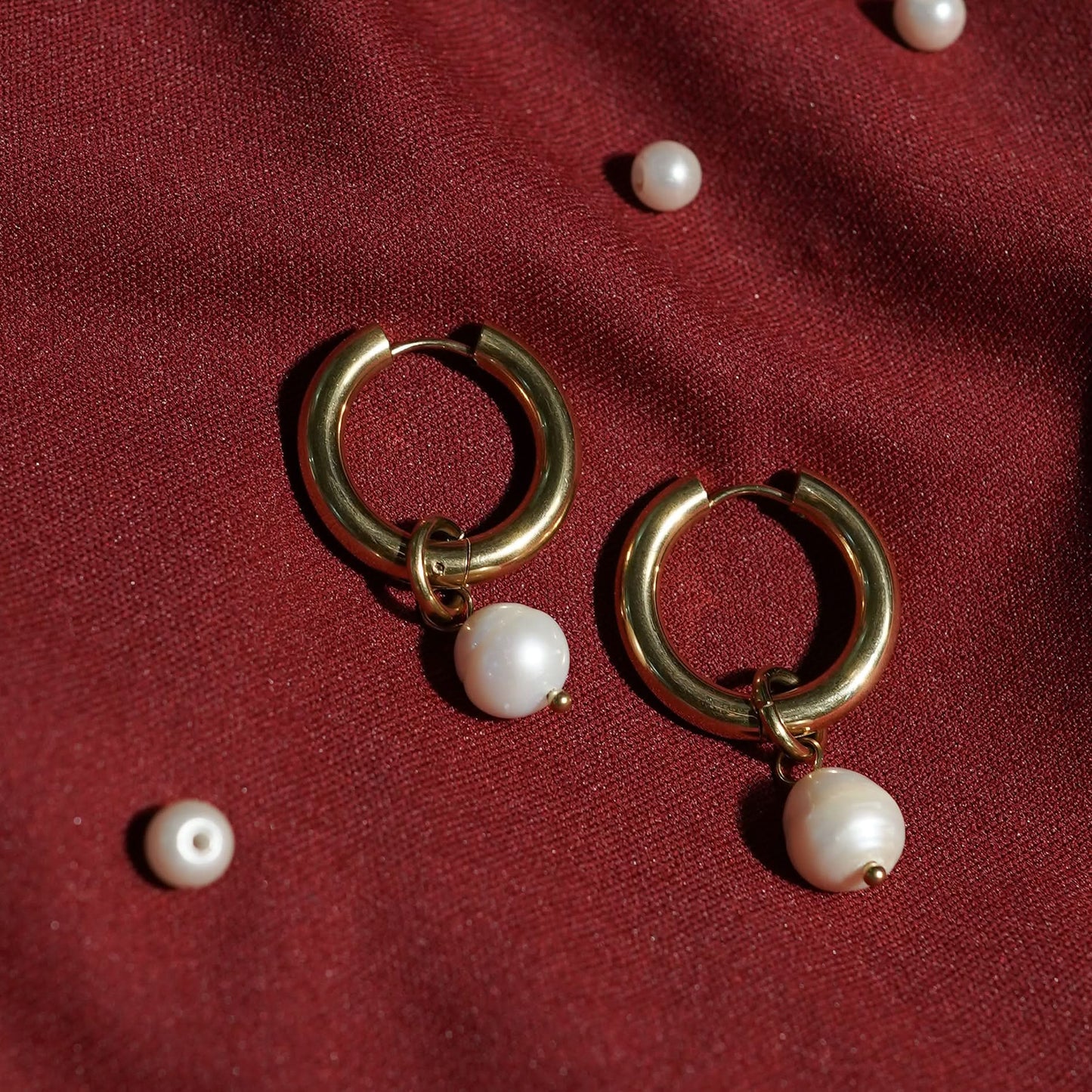 Edge Baroque Pearl Drop Hoop Earrings – gold hoop with baroque pearl charm, 4.2cm statement earrings-5