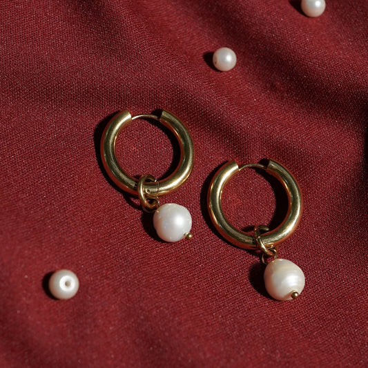 Edge Baroque Pearl Drop Hoop Earrings – gold hoop with baroque pearl charm, 4.2cm statement earrings-5