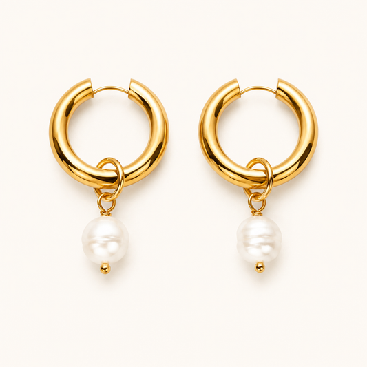 Edge Baroque Pearl Drop Hoop Earrings – gold hoop with baroque pearl charm, 4.2cm statement earrings