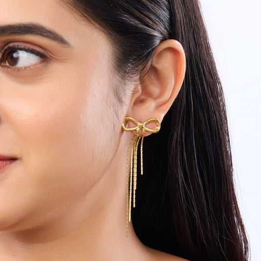 Edge Bow Knot Chain Tassel Drop Earrings – gold bow knot with cascading chain tassel drop earrings-2