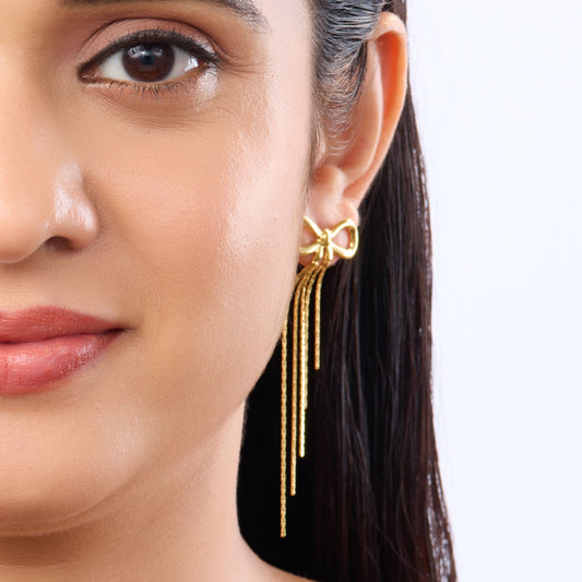 Edge Bow Knot Chain Tassel Drop Earrings – gold bow knot with cascading chain tassel drop earrings-4