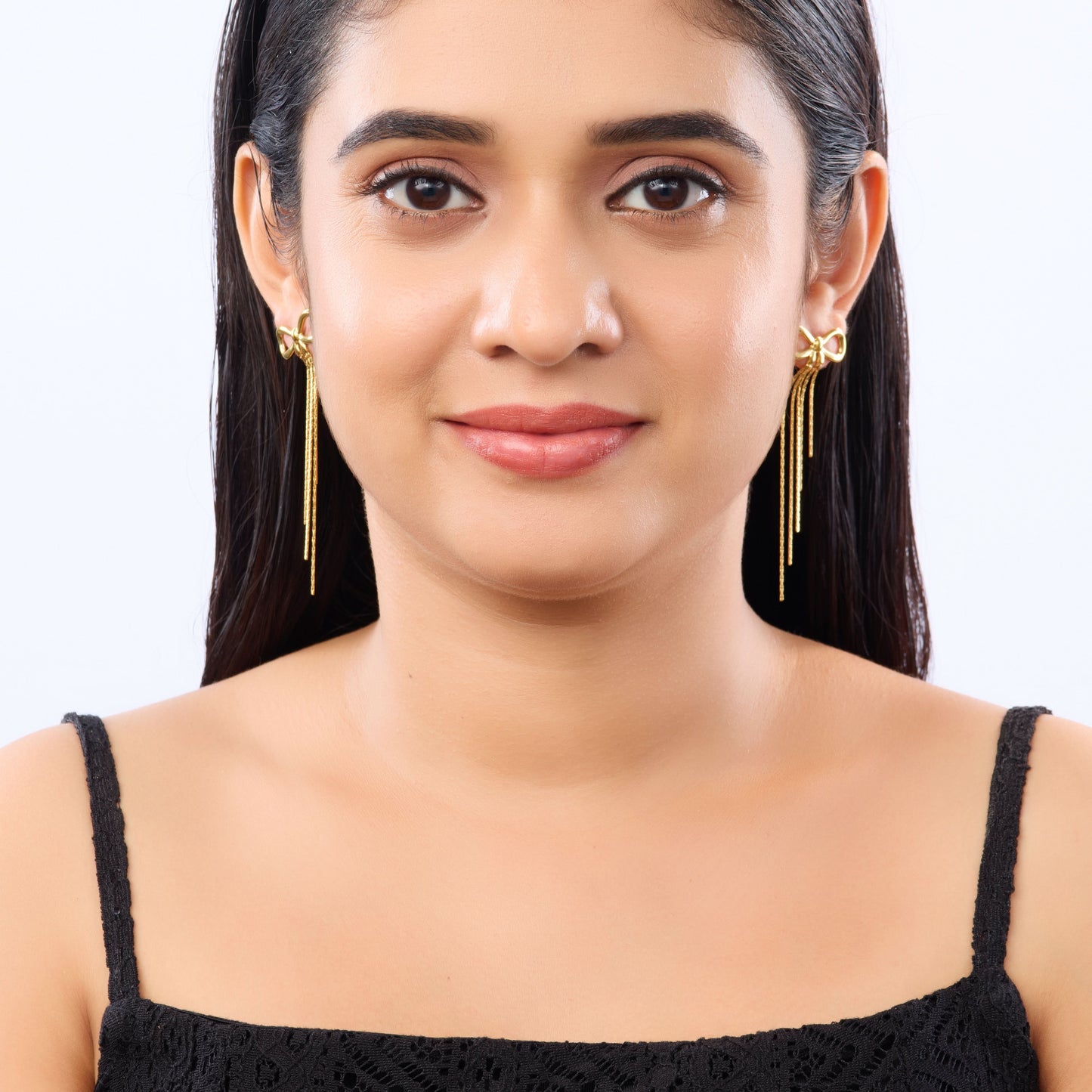 Edge Bow Knot Chain Tassel Drop Earrings – gold bow knot with cascading chain tassel drop earrings-5