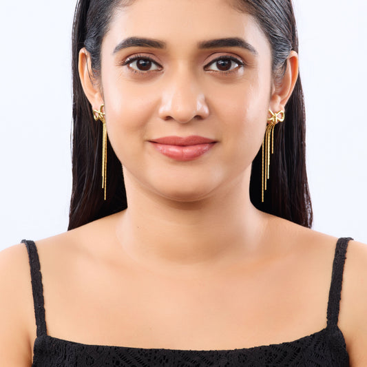 Edge Bow Knot Chain Tassel Drop Earrings – gold bow knot with cascading chain tassel drop earrings-5