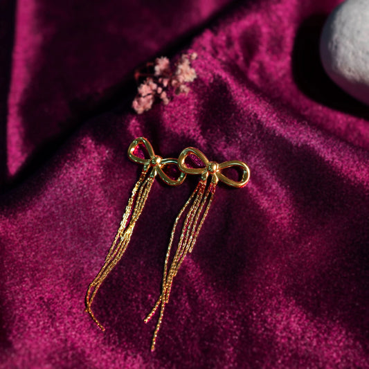 Edge Bow Knot Chain Tassel Drop Earrings – gold bow knot with cascading chain tassel drop earrings-6