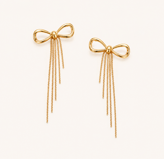 Edge Bow Knot Chain Tassel Drop Earrings – gold bow knot with cascading chain tassel drop earrings