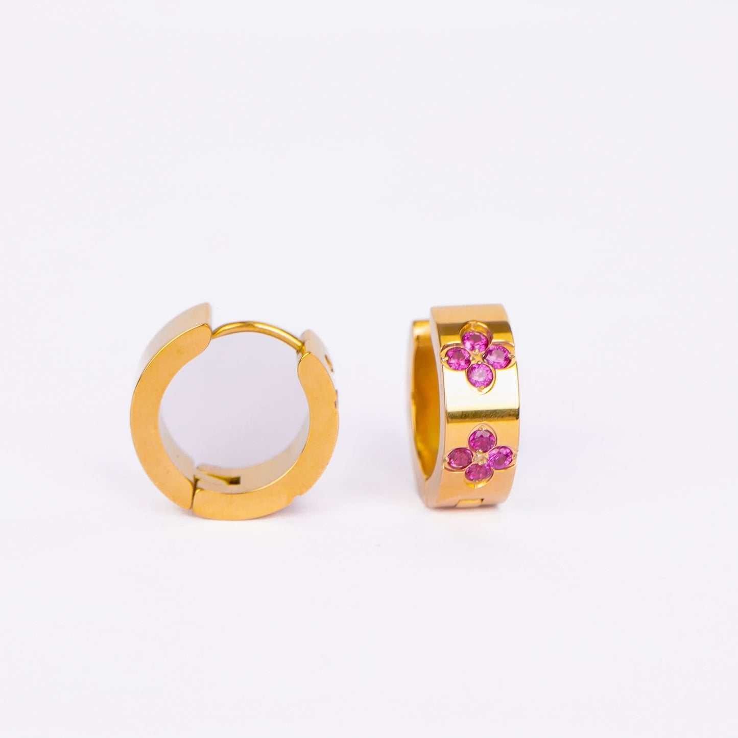 Edge Clover Crystal Huggie Hoop Earrings – wide-profile gold plated huggie hoops with clover crystal motifs-3