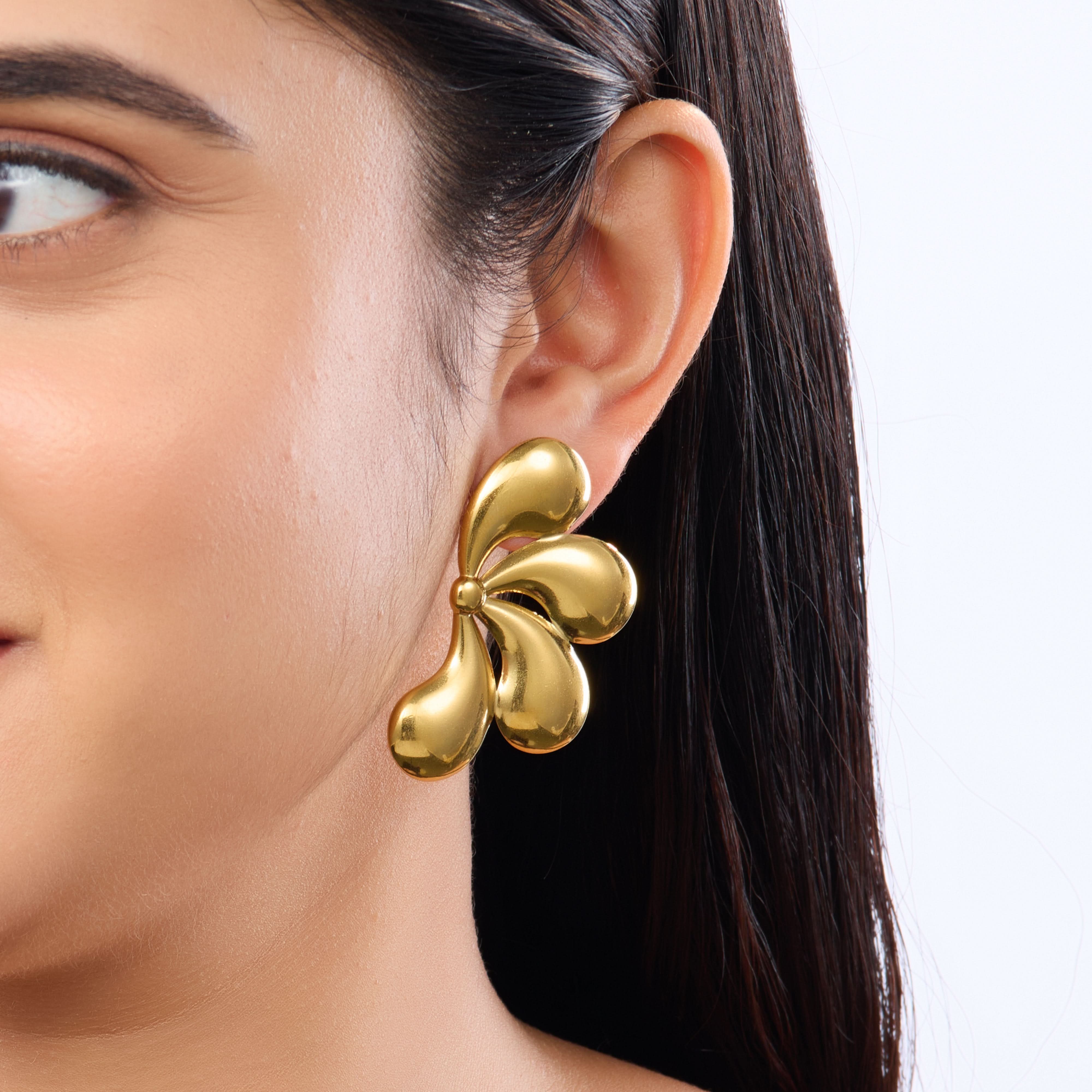 Edge Floral Butterfly Geometric Stud Earrings – tropical floral butterfly design gold plated stud earrings-2