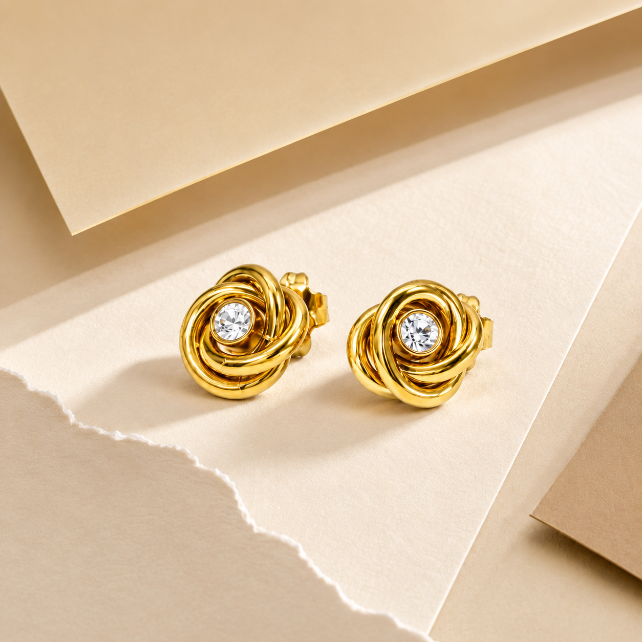 Edge Gold Knot Crystal Centre Stud Earrings – 3D gold knot with brilliant-cut crystal center stud earrings-5