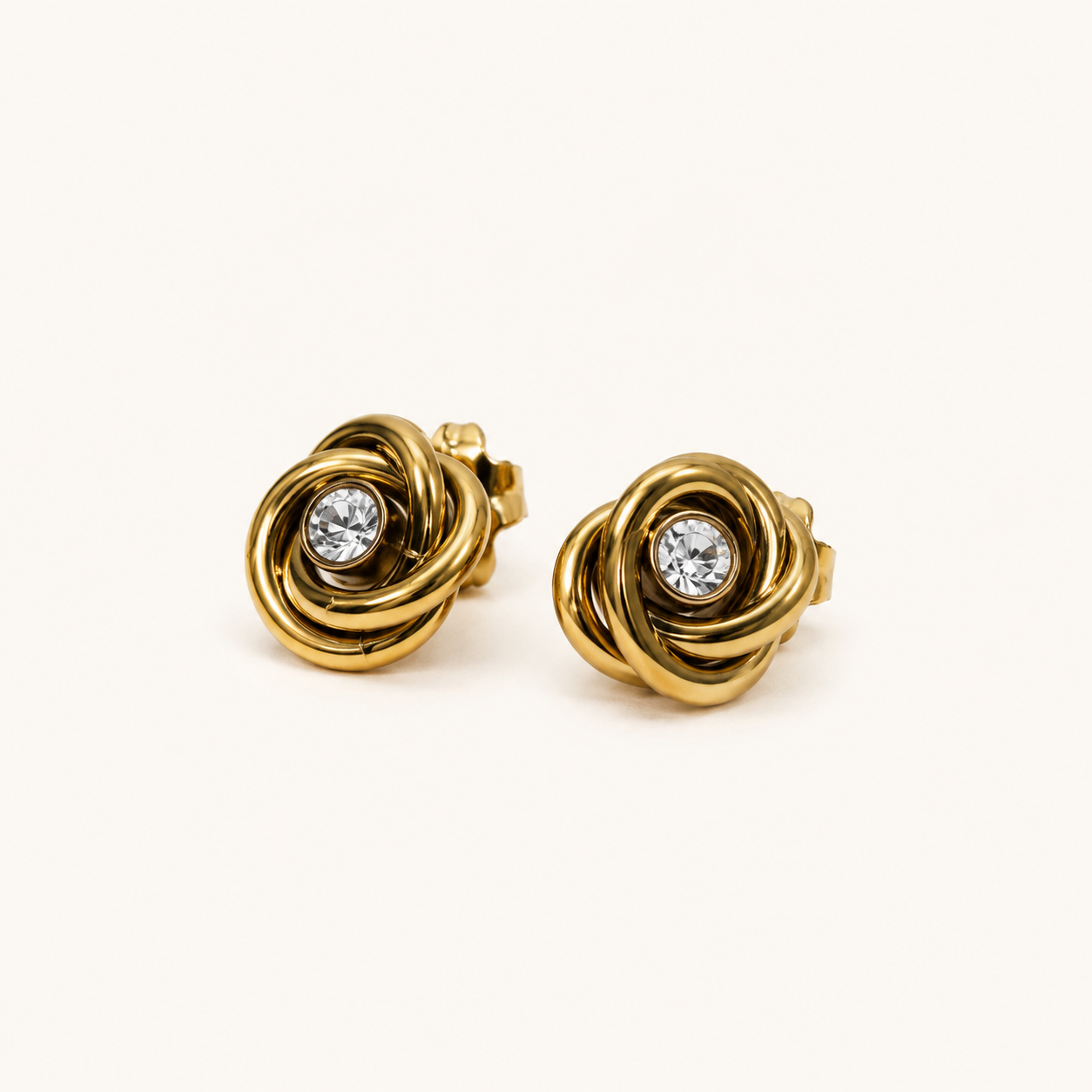 Edge Gold Knot Crystal Centre Stud Earrings – 3D gold knot with brilliant-cut crystal center stud earrings