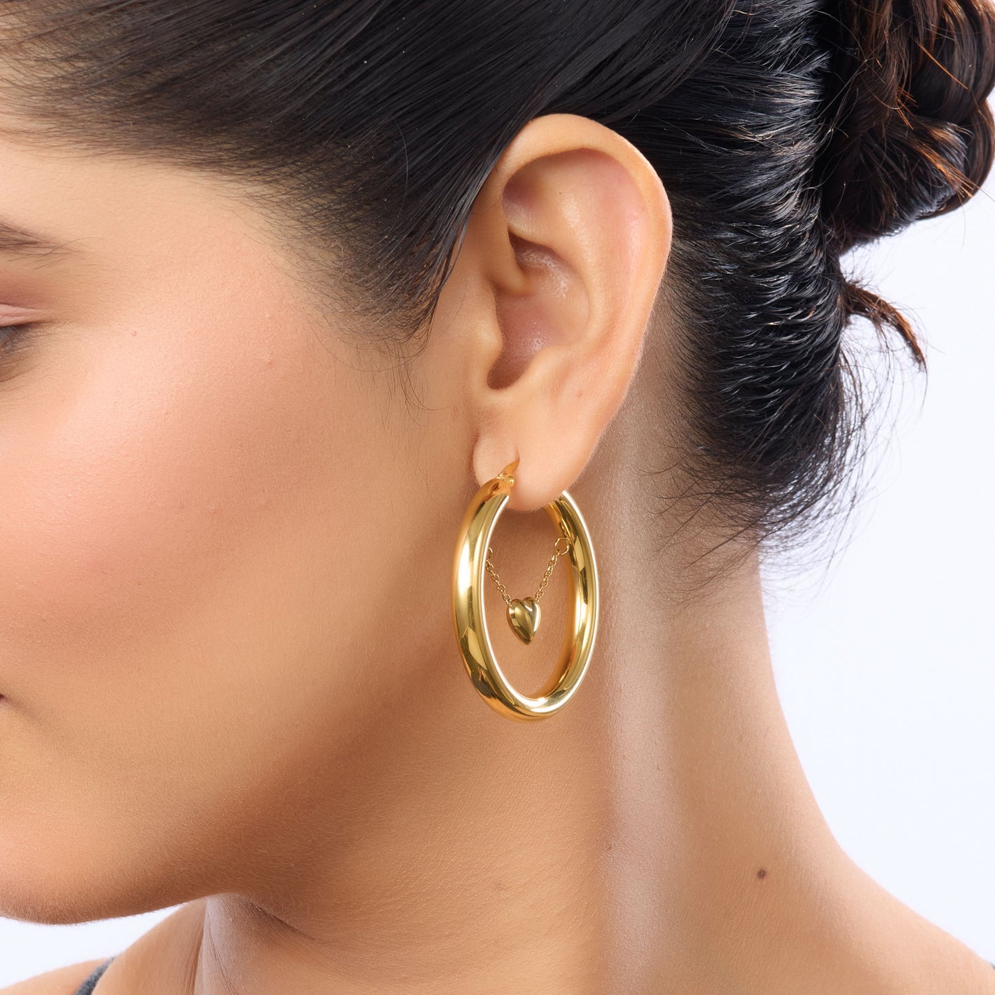 Edge Heart Charm Statement Hoop Earrings – 40mm gold plated statement hoops with suspended heart charm-2