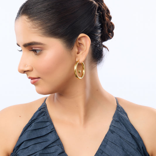 Edge Heart Charm Statement Hoop Earrings – 40mm gold plated statement hoops with suspended heart charm-3