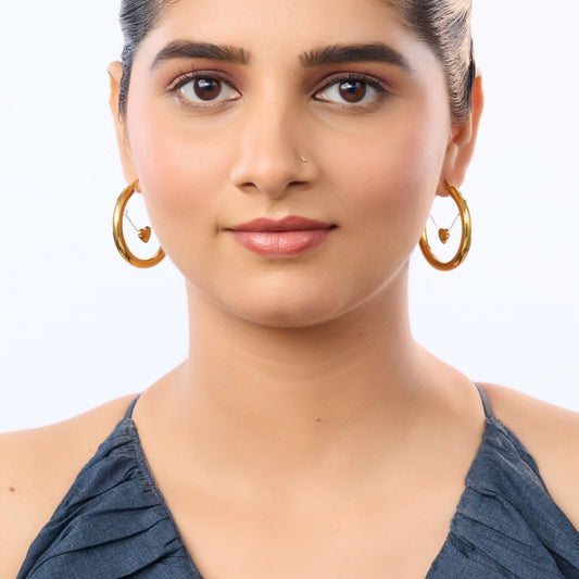Edge Heart Charm Statement Hoop Earrings – 40mm gold plated statement hoops with suspended heart charm-4