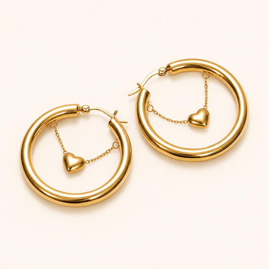 Edge Heart Charm Statement Hoop Earrings – 40mm gold plated statement hoops with suspended heart charm