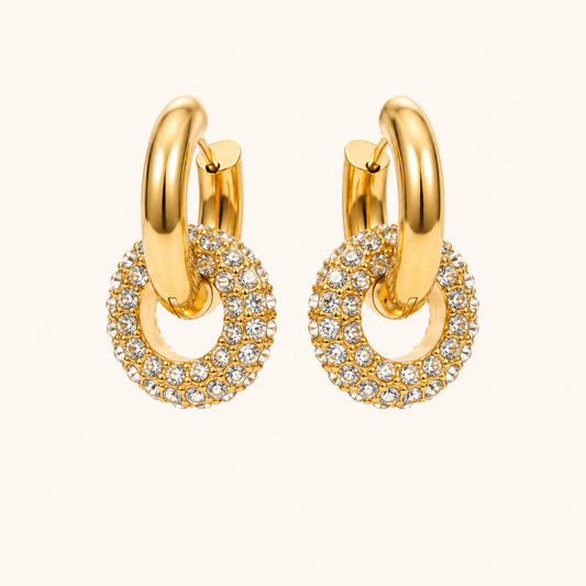 Edge Pavé Crystal Arc Hoop Earrings – interlocking gold arc and pavé crystal ring hoop earrings, 18K gold plated
