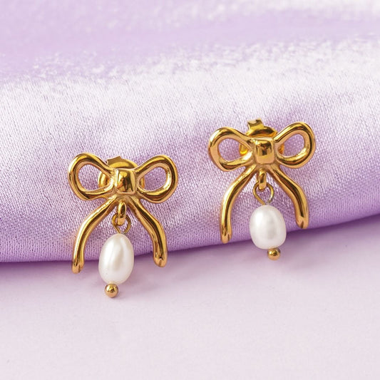 Edge Pearl Bowknot 3D Drop Earrings – 18K Gold Plated-2