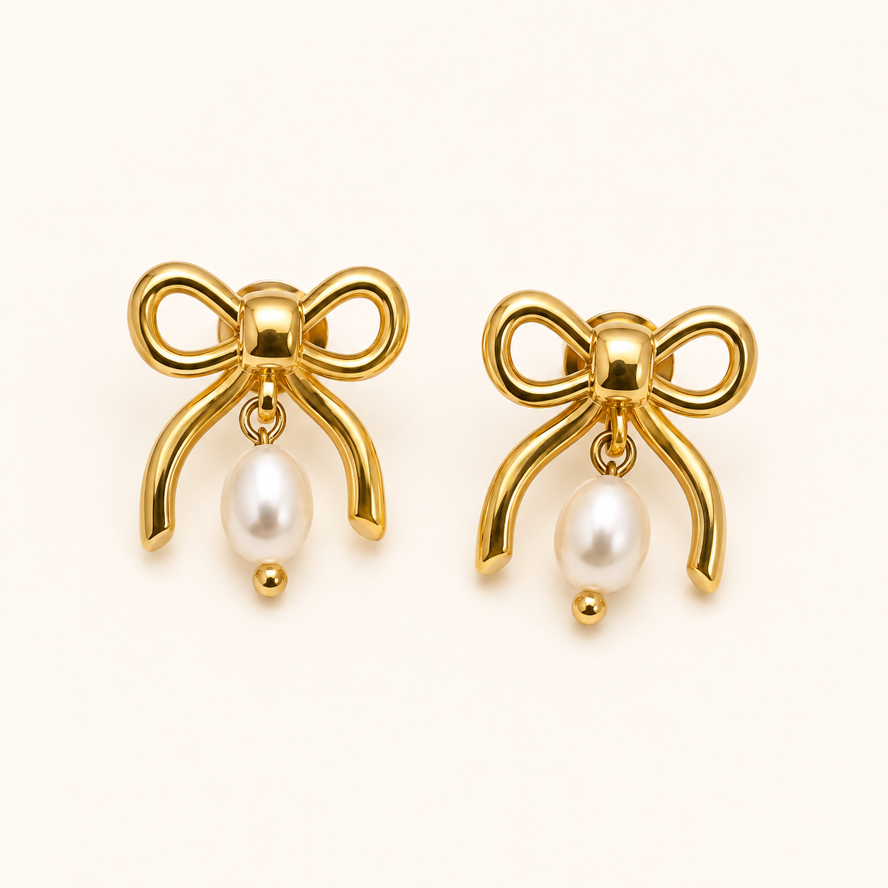 Edge Pearl Bowknot 3D Drop Earrings – 18K Gold Plated