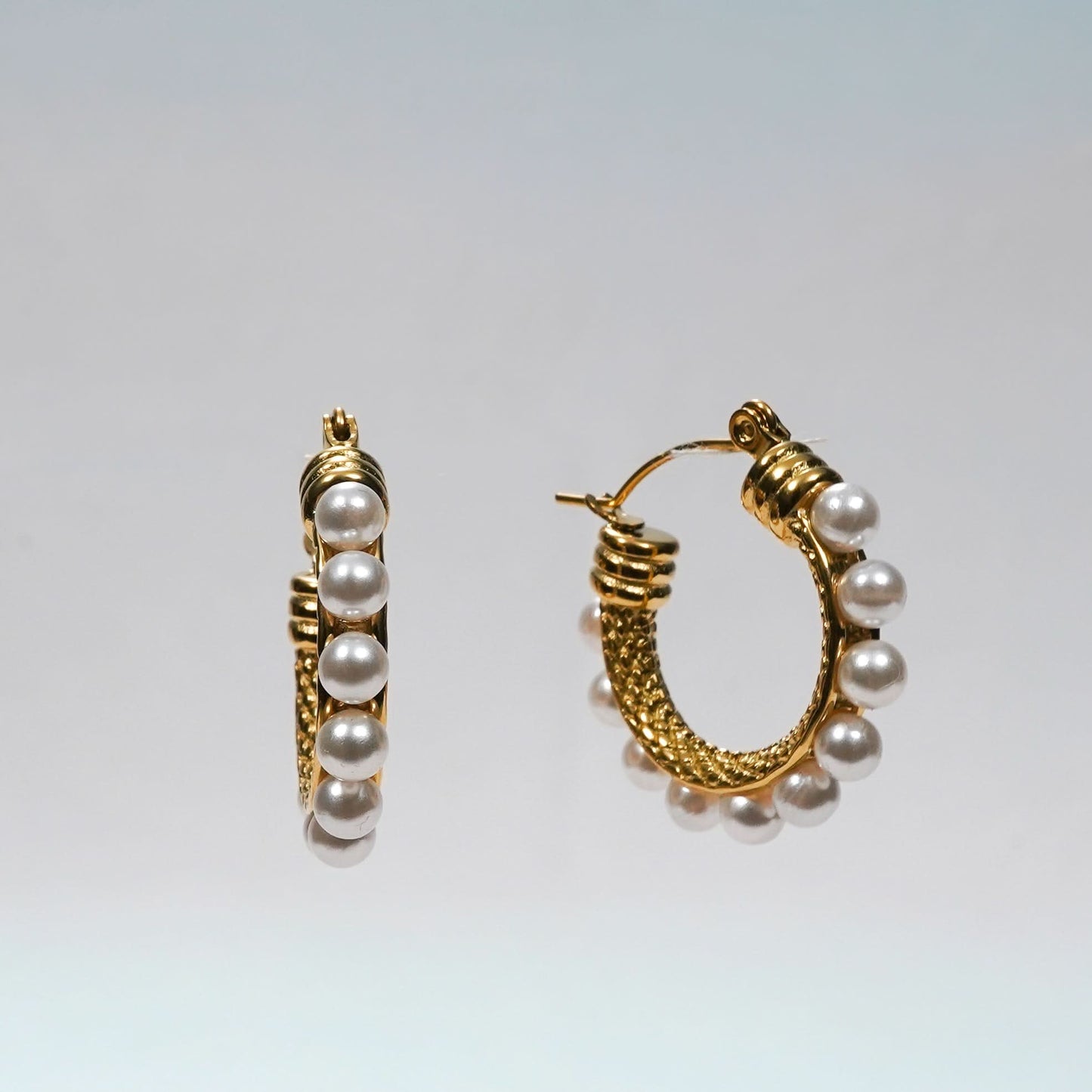 Edge Pearl Huggie Hoop Earrings – gold huggie hoops with continuous pearl outer edge for women-3