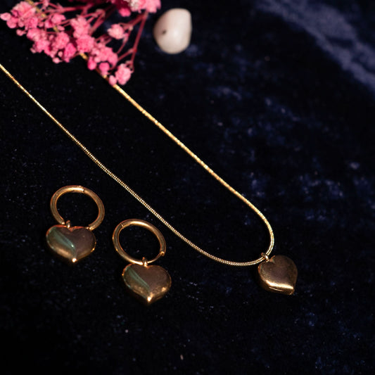 Edge Puffed Heart Jewellery Set – 3D puffed heart necklace and matching drop huggie earrings in 18K gold plated finish-2