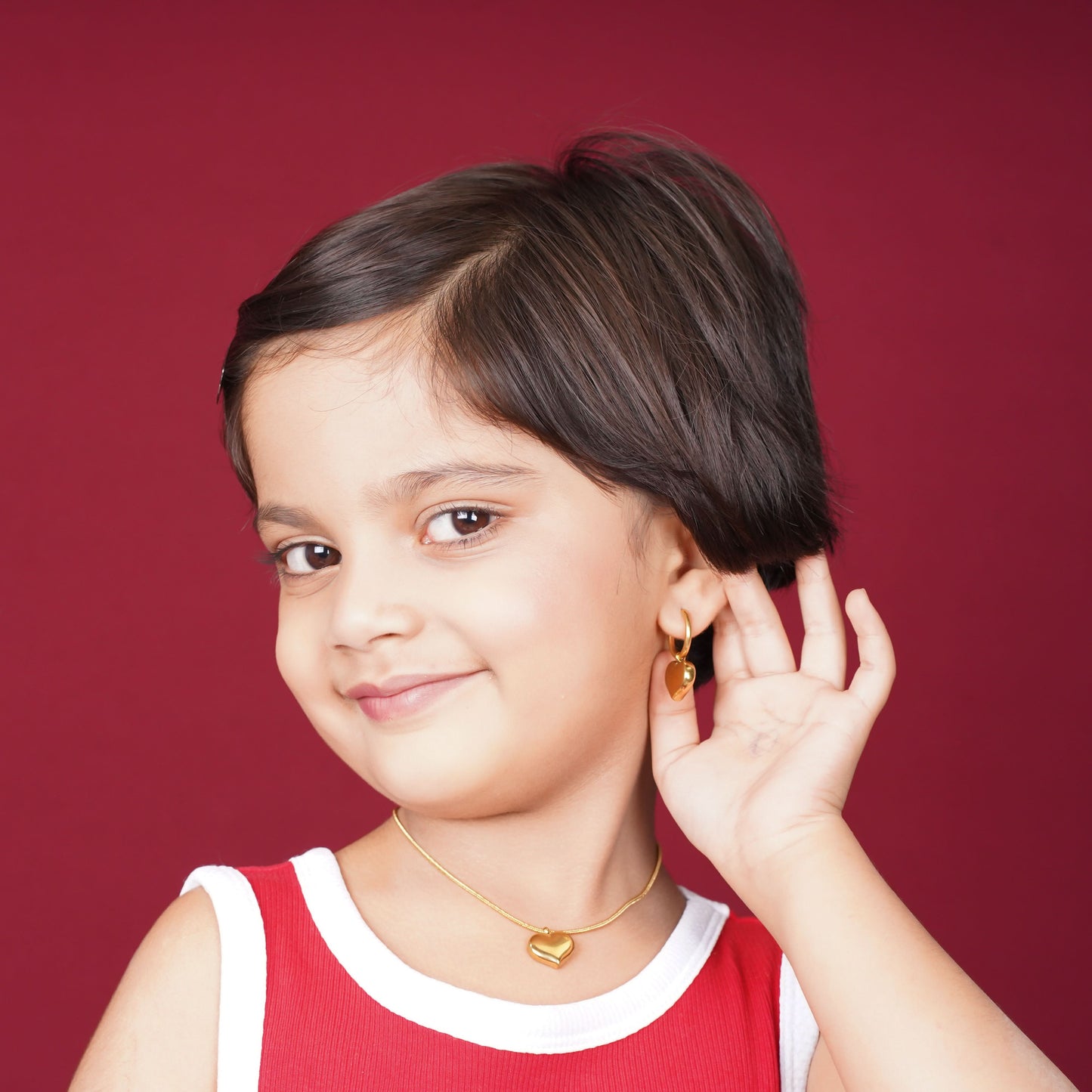 Edge Puffed Heart Jewellery Set – 3D puffed heart necklace and matching drop huggie earrings in 18K gold plated finish