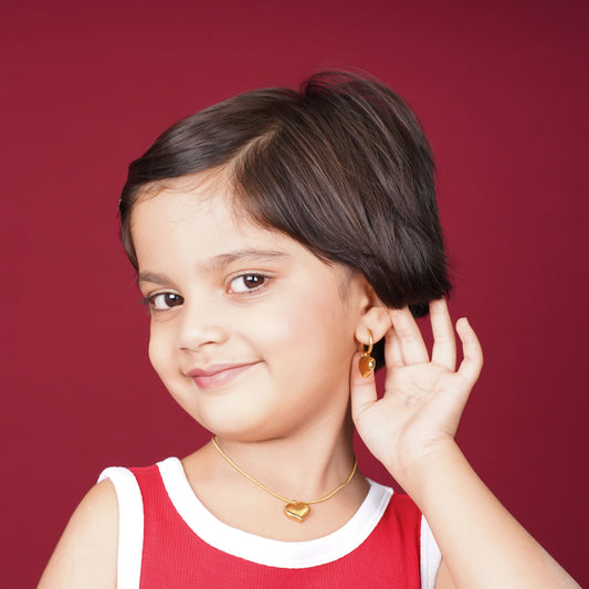 Edge Puffed Heart Jewellery Set – 3D puffed heart necklace and matching drop huggie earrings in 18K gold plated finish