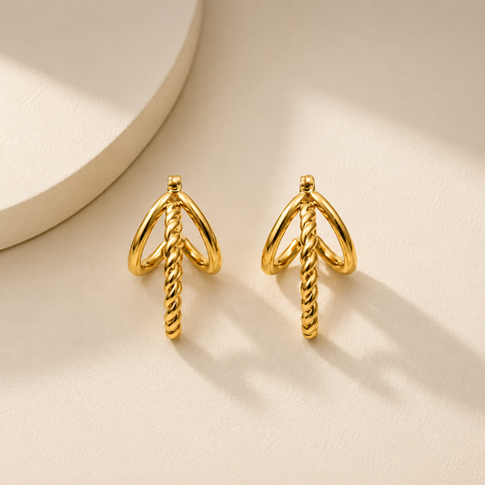 Edge Triple-Band Rope Huggie Hoop Earrings – braided rope outer and double smooth inner band huggie hoops, 18K gold plated-6