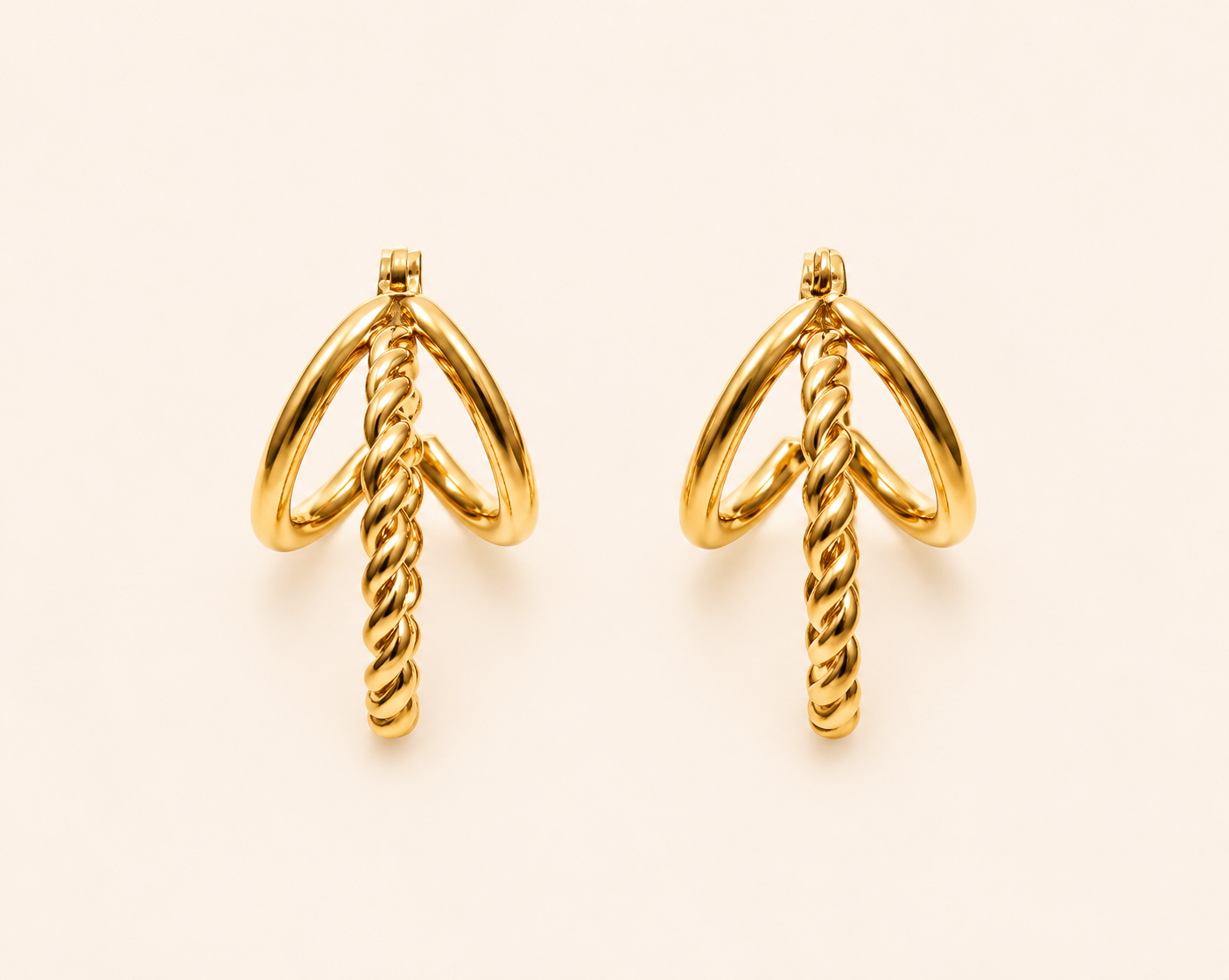 Edge Triple-Band Rope Huggie Hoop Earrings – braided rope outer and double smooth inner band huggie hoops, 18K gold plated