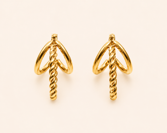 Edge Triple-Band Rope Huggie Hoop Earrings – braided rope outer and double smooth inner band huggie hoops, 18K gold plated