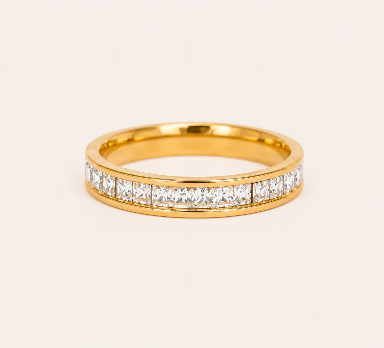 Elegant Crystal Inlay Gold Band Ring – channel-set crystal inlay gold plated band ring, size 8, 18K gold