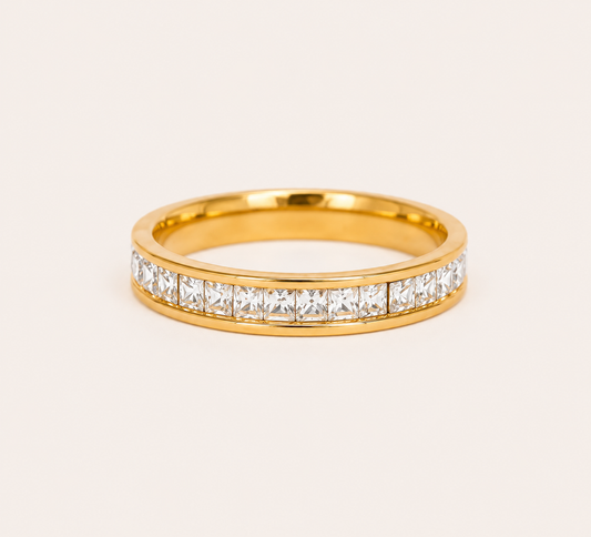 Elegant Crystal Inlay Gold Band Ring – channel-set crystal inlay gold plated band ring, size 8, 18K gold