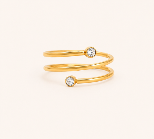 Elegant Double Loop Crystal Ring – crystal-accented double loop open ring in 18K gold plated finish for women