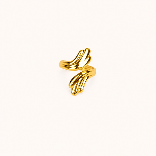 Ethereal Gilded Plume Ring – sculpted gilded feather plume ring in 18K gold plated finish for women