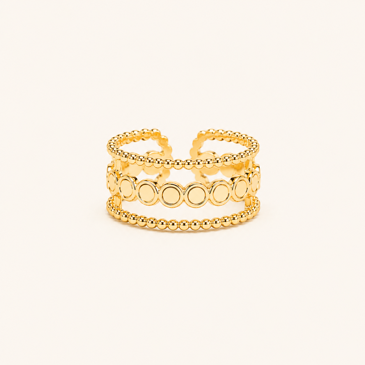 Evil Eye Diamond Plaque Medallion Ring – diamond-shaped evil eye motif ring with triple-split adjustable band, gold tone