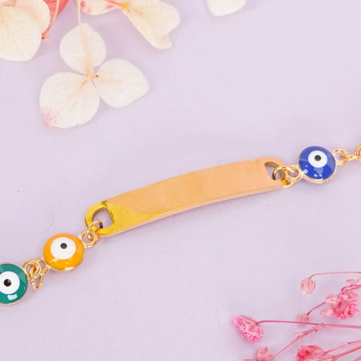 Evil eye nameplate charm bracelet with multicolor enamel charms and adjustable link chain-2