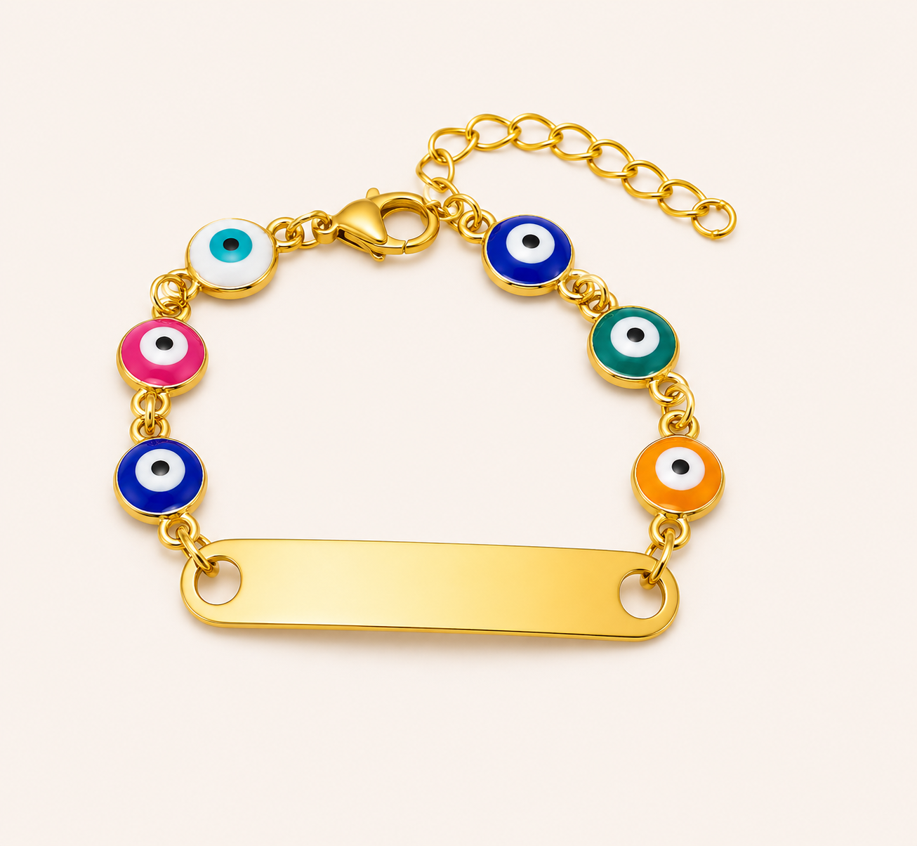 Evil eye nameplate charm bracelet with multicolor enamel charms and adjustable link chain