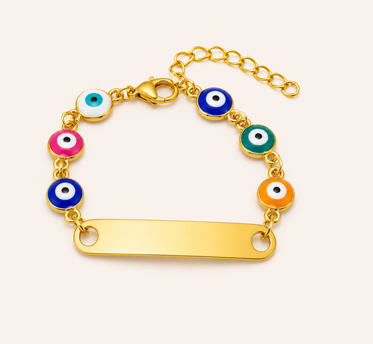 Evil eye nameplate charm bracelet with multicolor enamel charms and adjustable link chain