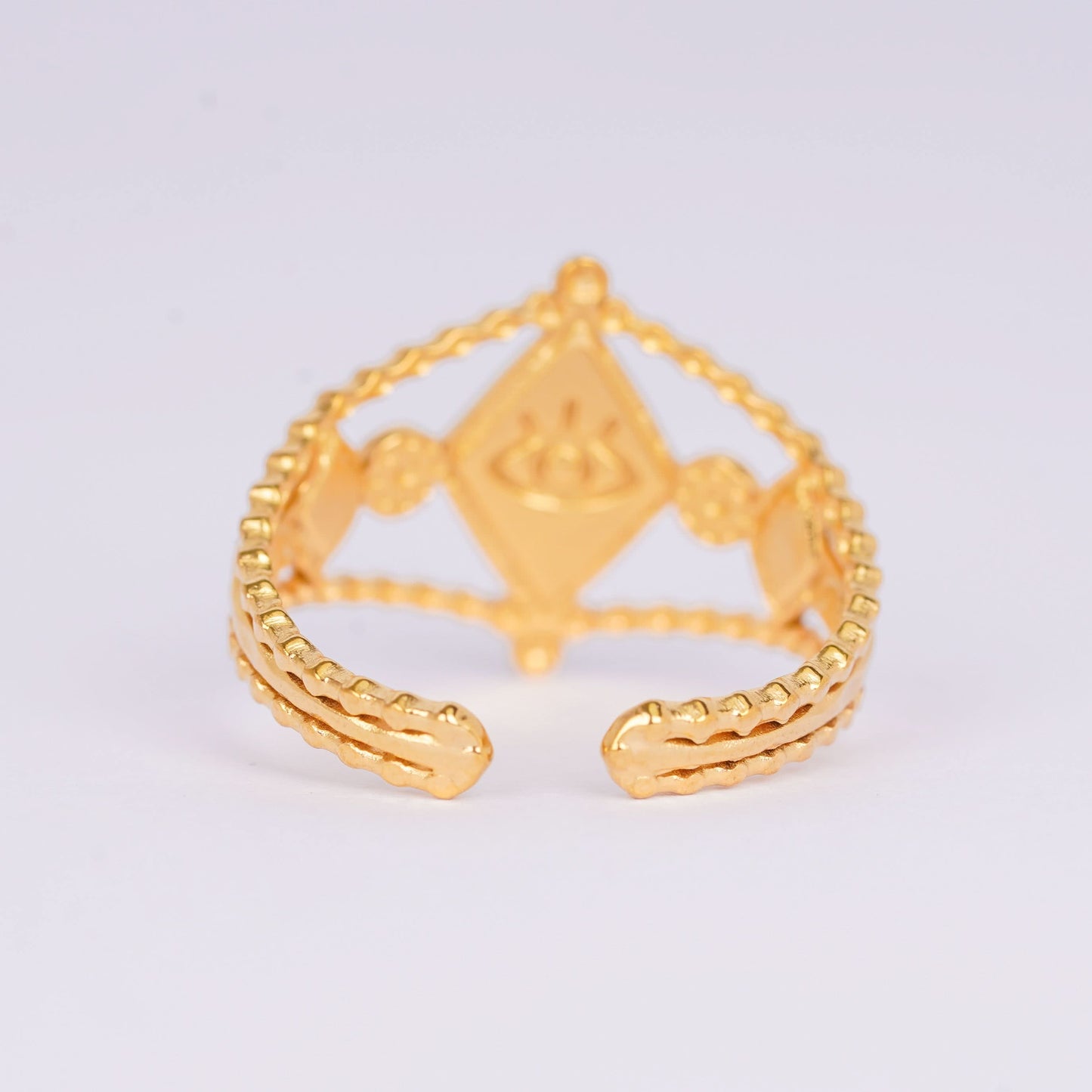 Evil Eye Round Plaque Medallion Ring – circular evil eye medallion ring with open adjustable band, gold tone-3