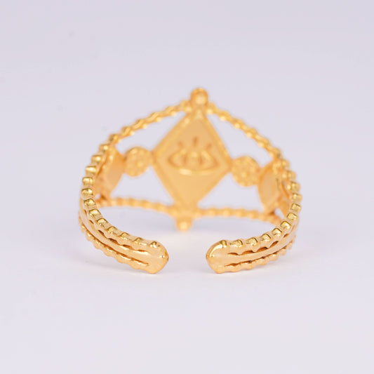 Evil Eye Round Plaque Medallion Ring – circular evil eye medallion ring with open adjustable band, gold tone-3