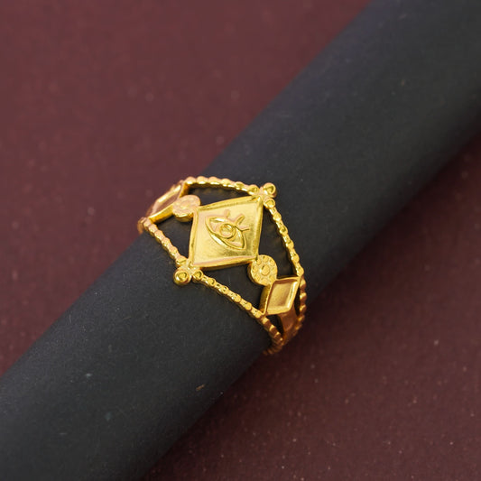 Evil Eye Round Plaque Medallion Ring – circular evil eye medallion ring with open adjustable band, gold tone-5