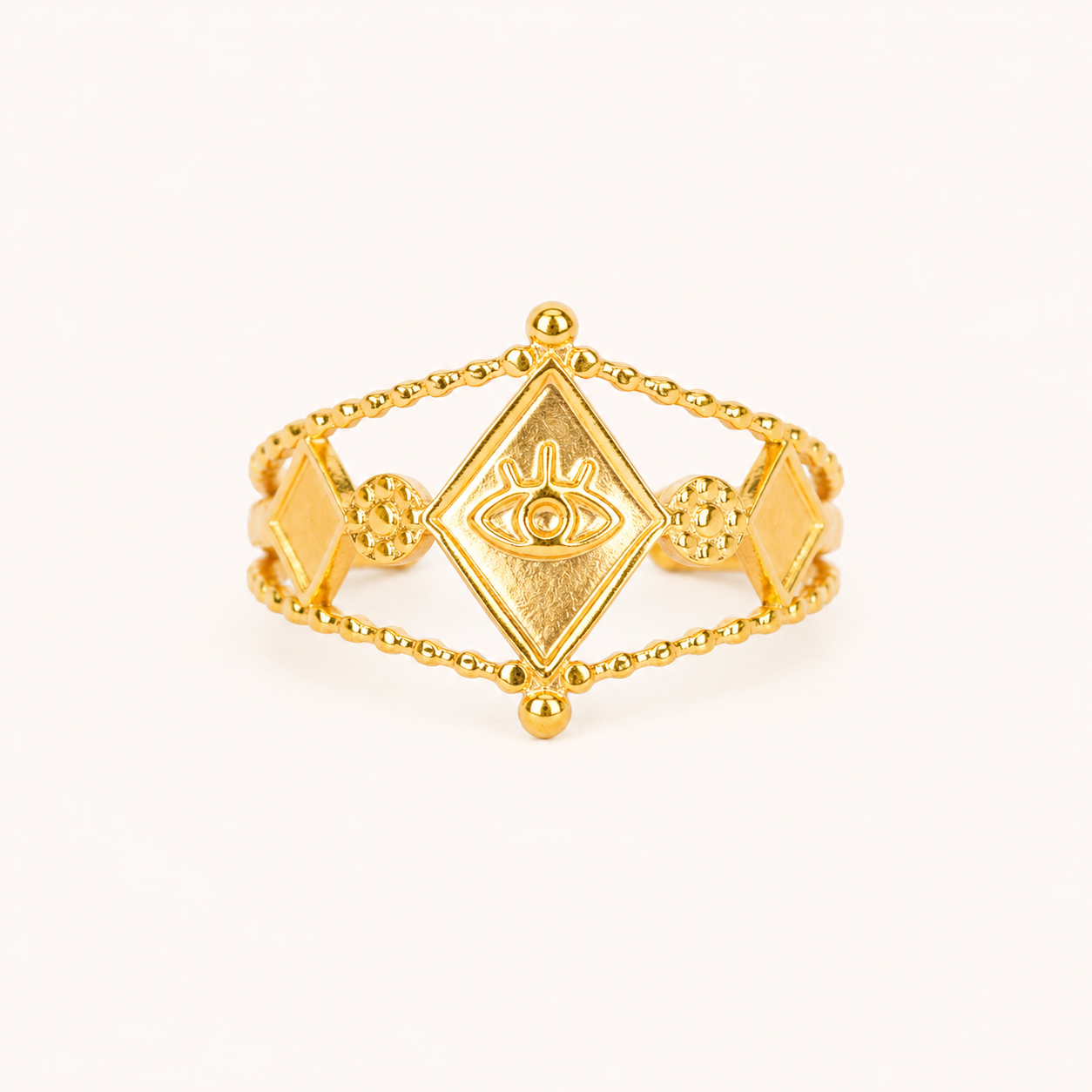 Evil Eye Round Plaque Medallion Ring – circular evil eye medallion ring with open adjustable band, gold tone