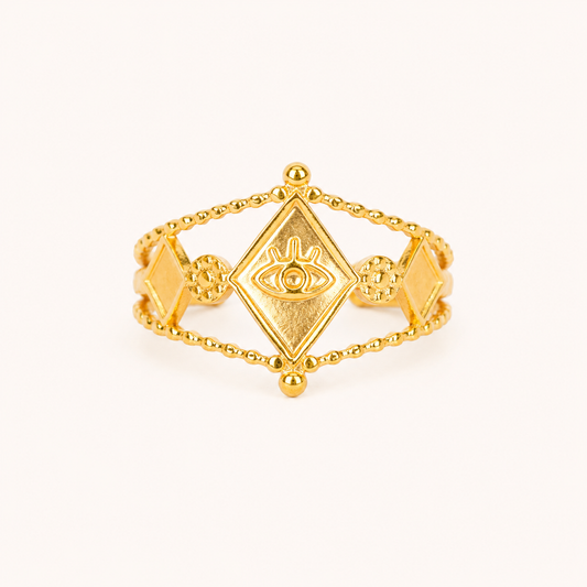 Evil Eye Round Plaque Medallion Ring – circular evil eye medallion ring with open adjustable band, gold tone