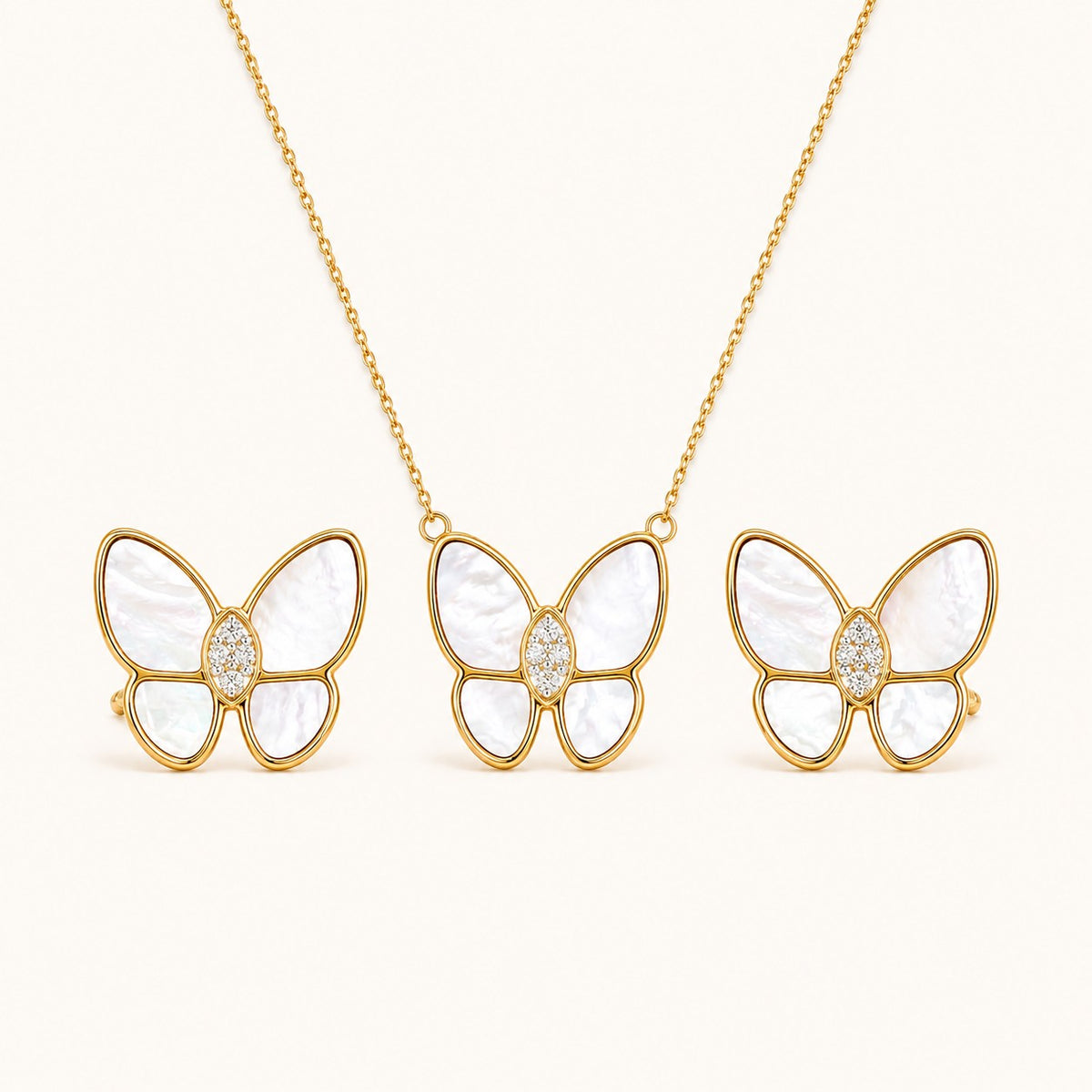 Golden Butterfly Pearl Necklace & Earrings