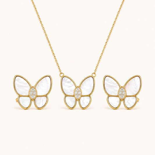 Golden Butterfly Pearl Necklace & Earrings