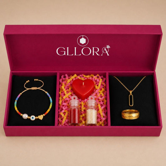 Evil Eye Rakhi With Emerald Rectangle Pendant Chain And Classic Gold Ring