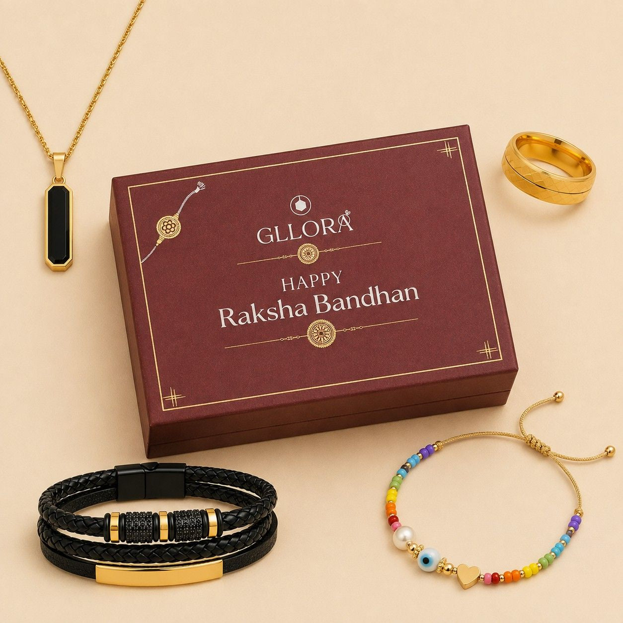 Evil Eye Rakhi With Leather Bracelet, Emerald Pendant Chain And Classic Ring