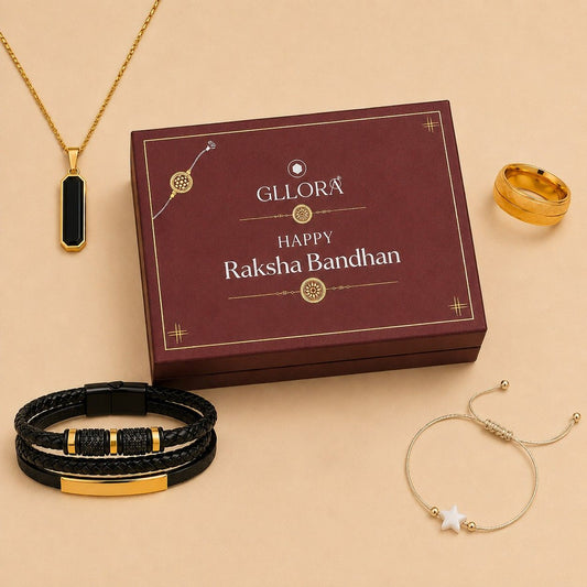 Star Rakhi With Leather Bracelet, Emerald Pendant Chain And Classic Ring