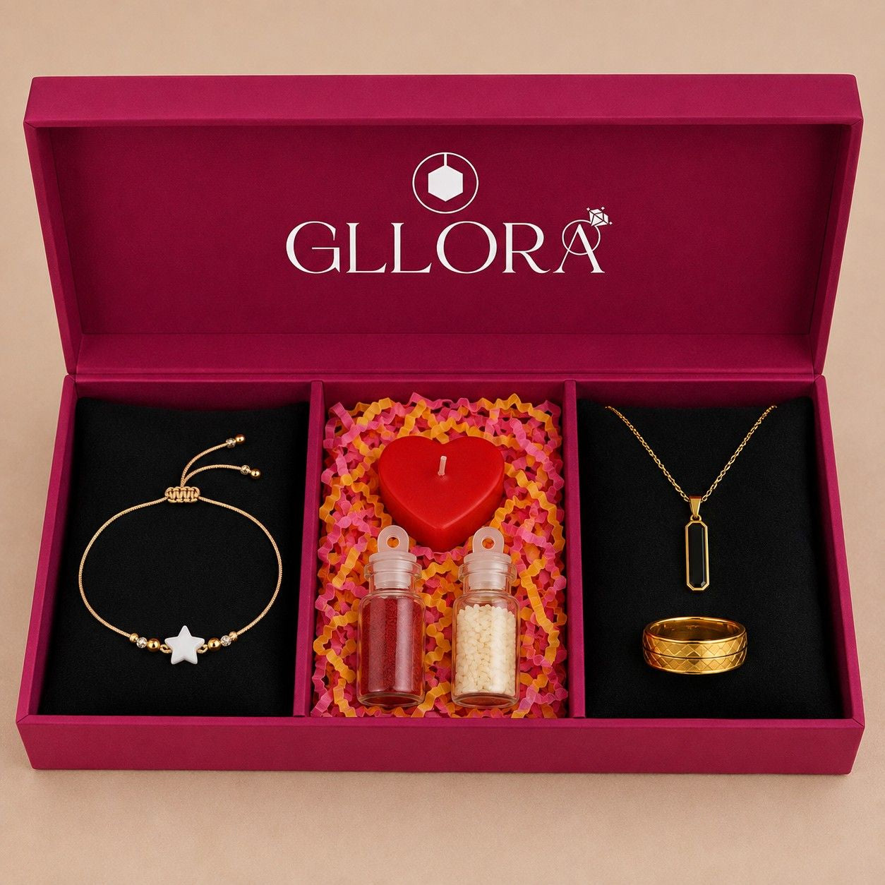 Star Rakhi With Emerald Rectangle Pendant Chain And Classic Gold Ring