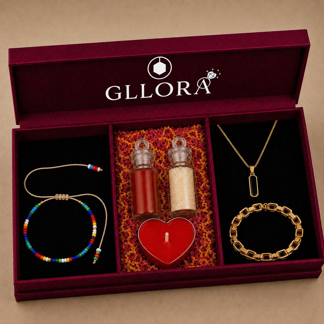 Colorful Rakhi With Interlinked Bracelet And Emerald Rectangle Pendant Chain