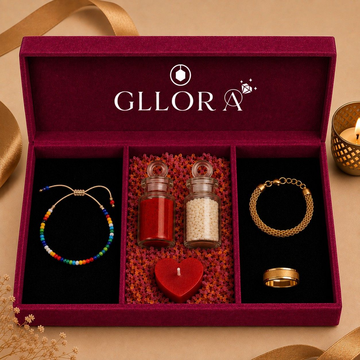 Colorful Rakhi With Gold Braided Bracelet And Ring