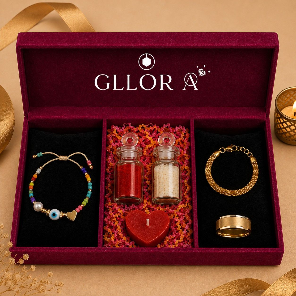 Evil Eye Rakhi With Gold Braided Bracelet And Gold Ring